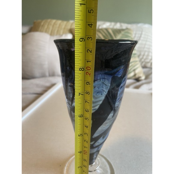 Contrast Swirl‎ Art Glass Vase Blue Blown 9" Metallic Modernist - Picture 4 of 7